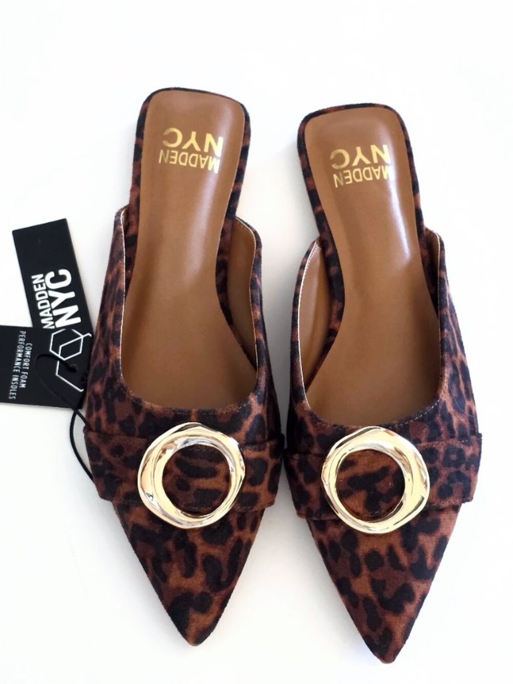 Madden NYC Leopard Print Pointed Toe Mules Size 8 Gold Buckle Flat Slides New